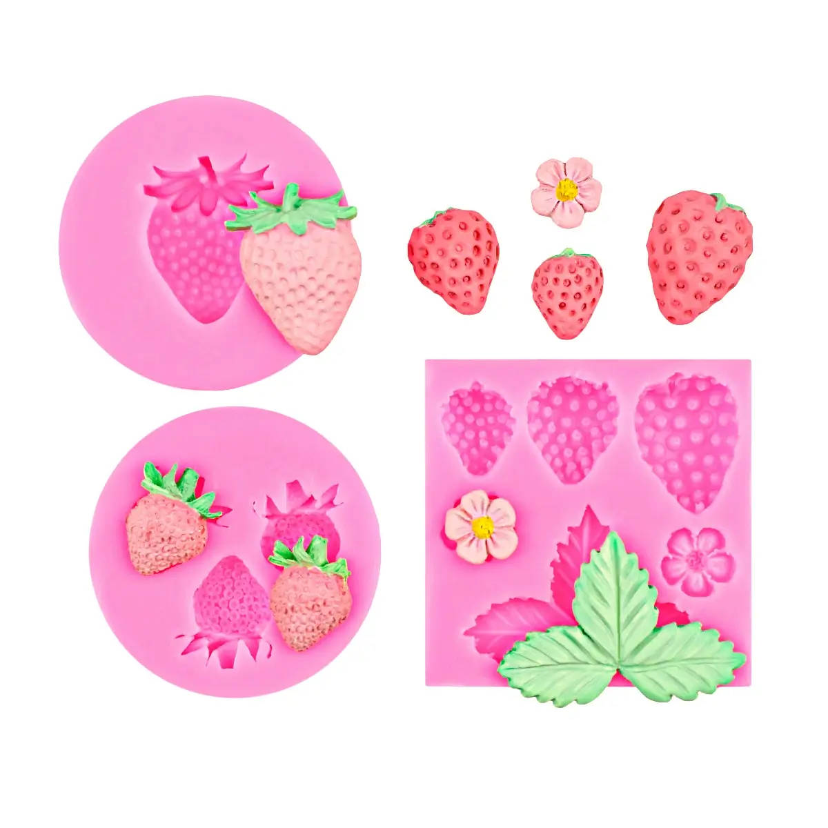Strawberry Silicone Molds with Leaves & Flowers for Fondant, Resin & Crafts