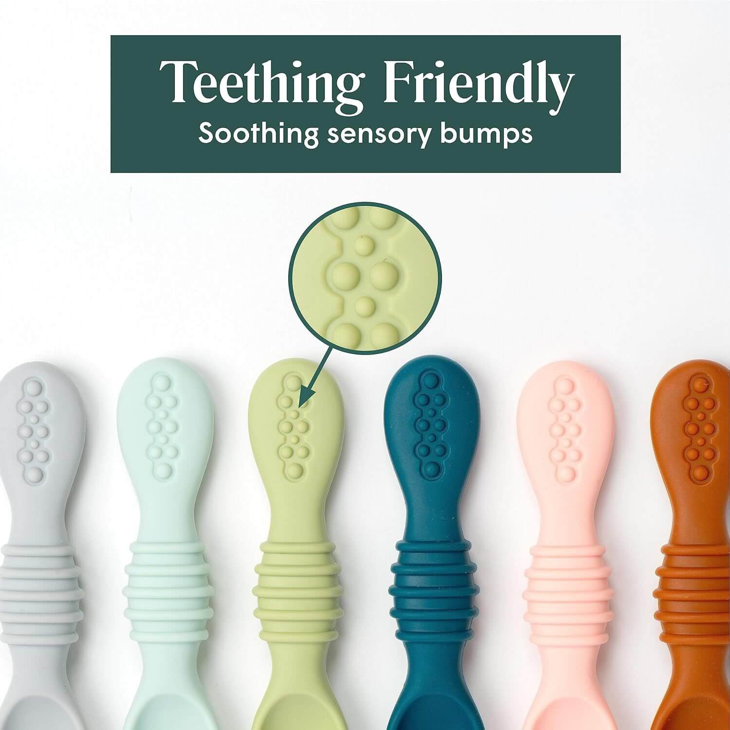 Teething friendly silicone baby spoons with soothing bumps