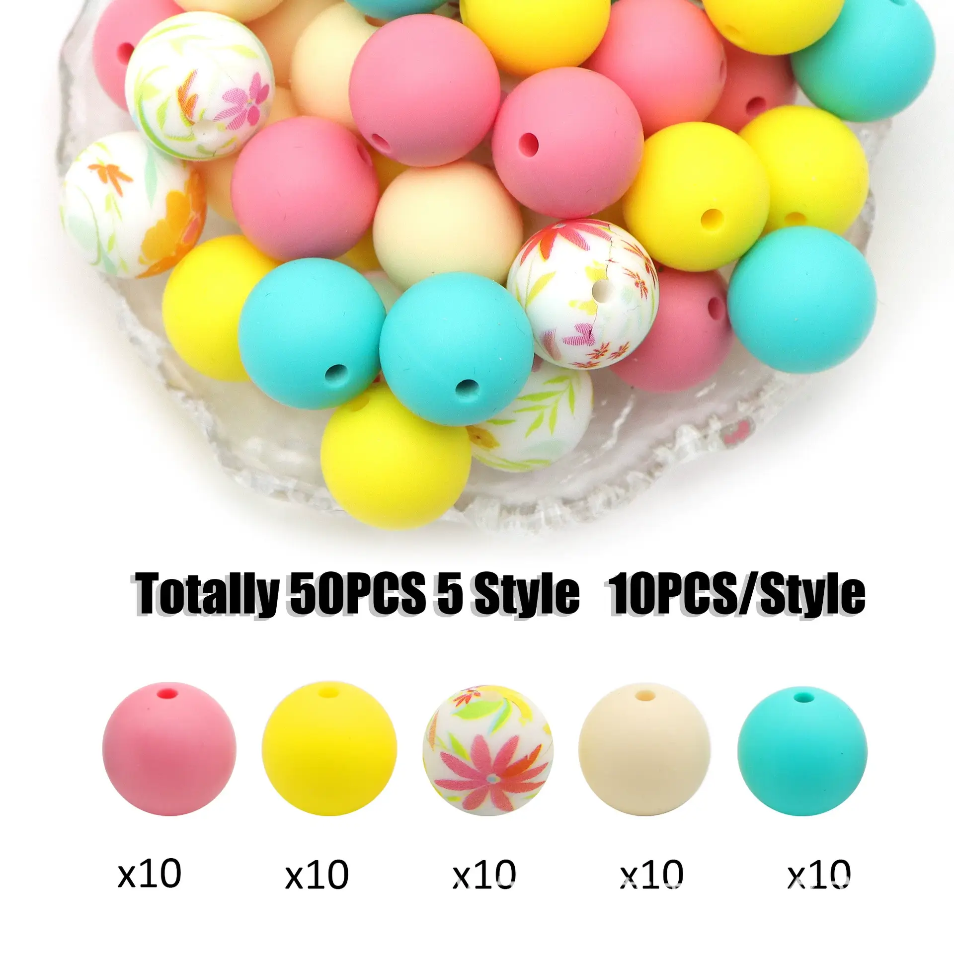 Tropical Floral Print Silicone Beads 15mm 50PCS Assorted Bright Colors for Teething Jewelry Making