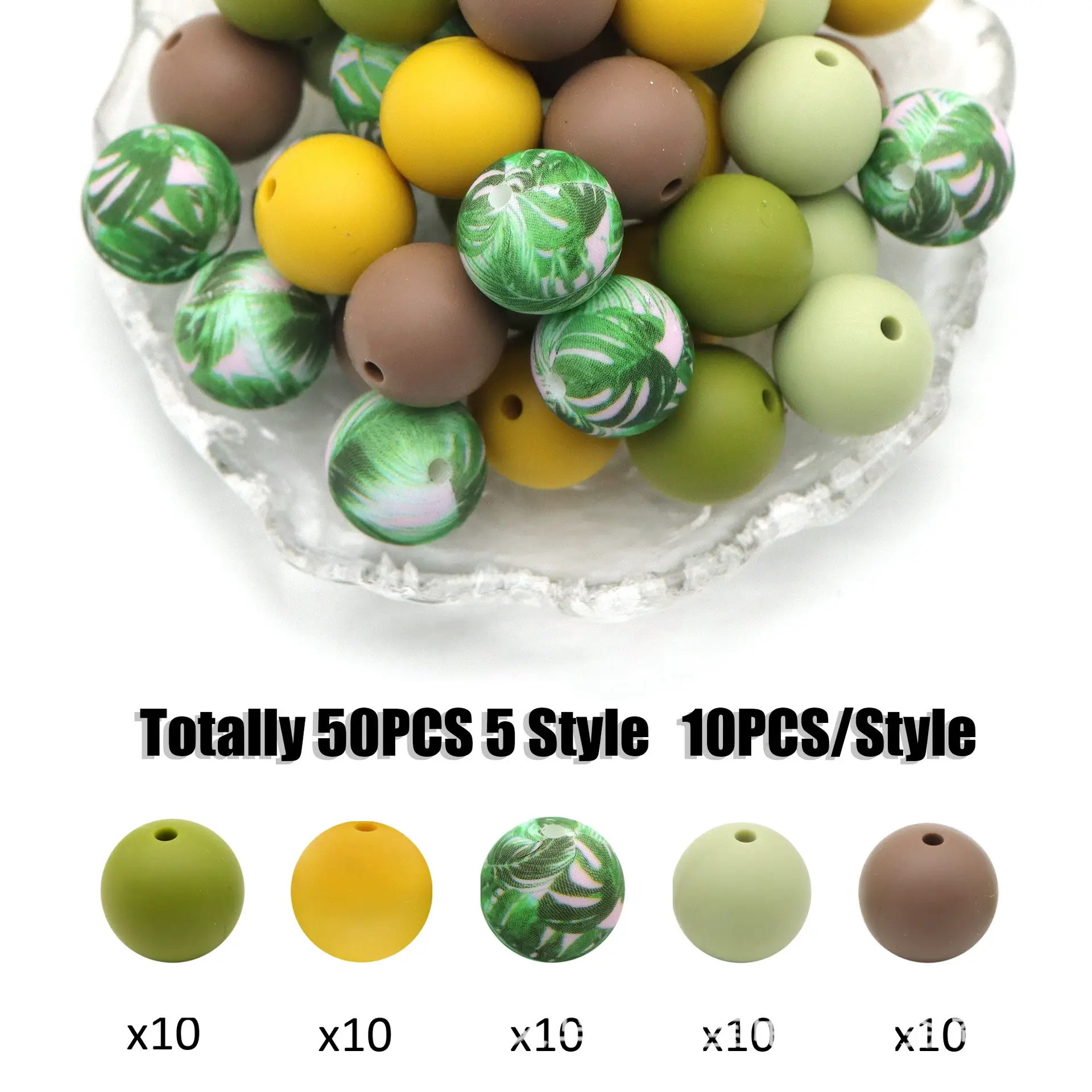 Tropical Monstera Leaf Print Silicone Beads 50PCS Green Earth Tones for DIY Crafts