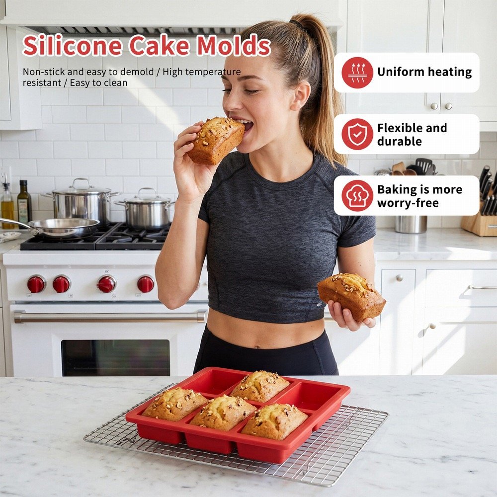 Woman Enjoying Bread Baked In Red Silicone Pan Scene