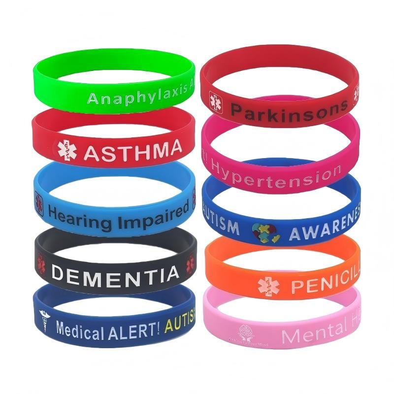 Assorted Medical Condition Awareness Silicone Wristbands (10-Pack)