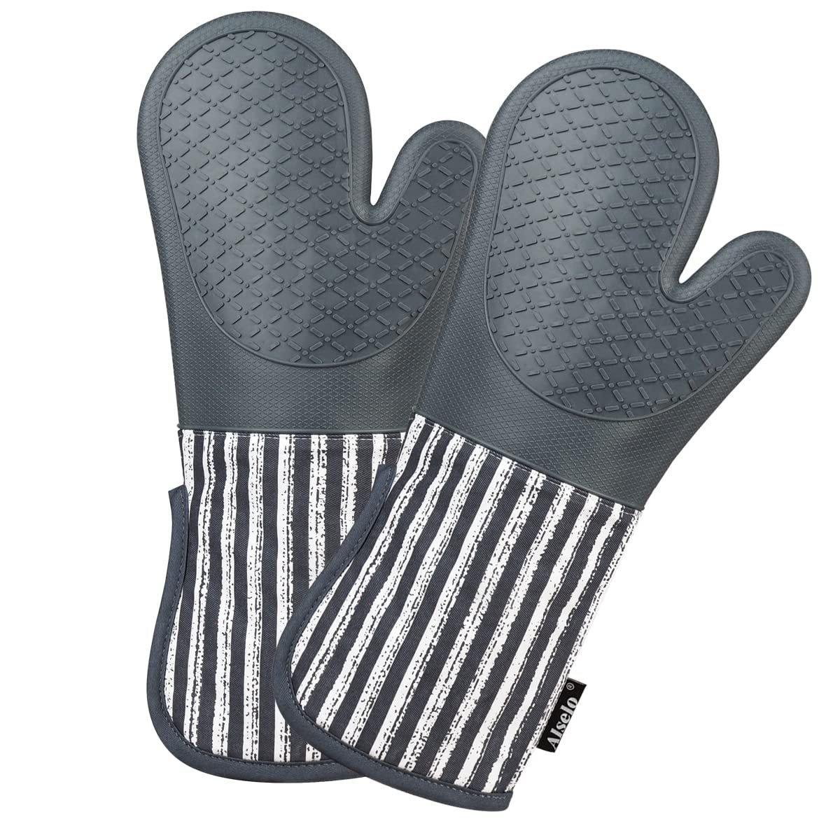 Black Striped Silicone Heat Resistant Oven Mitts Pair
