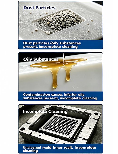 Dust particles, oily substances, and incomplete cleaning during the manufacturing process