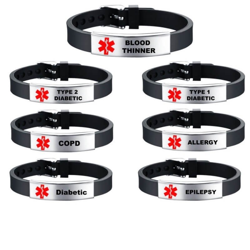 Multi-Condition Medical Alert Silicone Bracelet Set