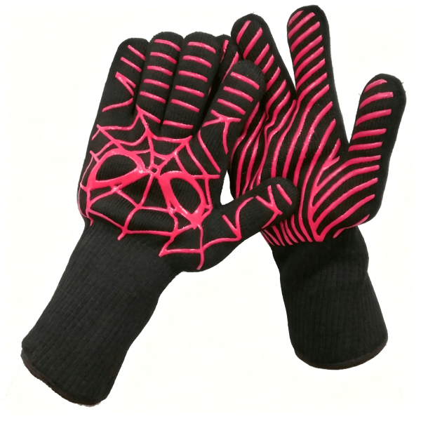Pink Spider Web Pattern Heat Resistant Grill Silicone Gloves