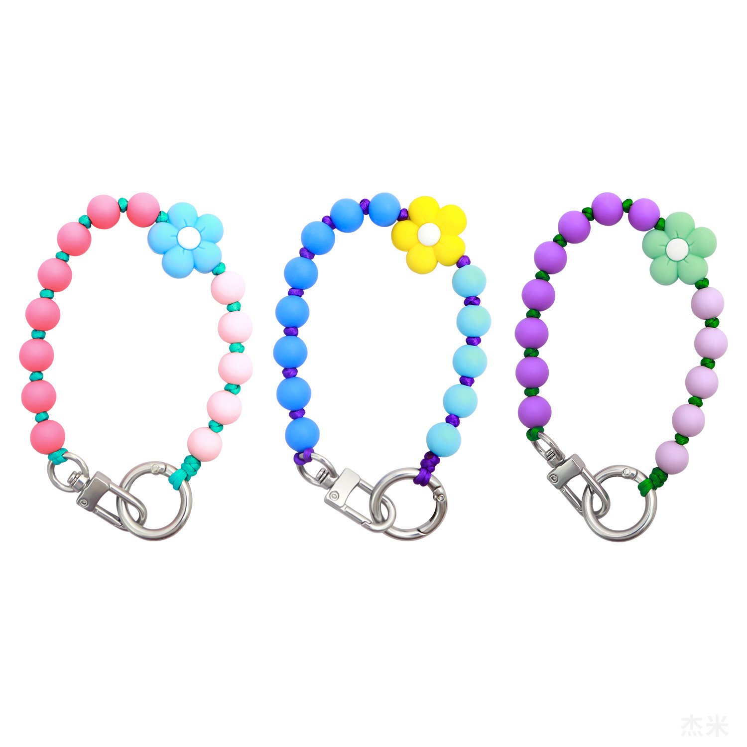 Silicone Beaded Flower Keychain Wristlet Set
